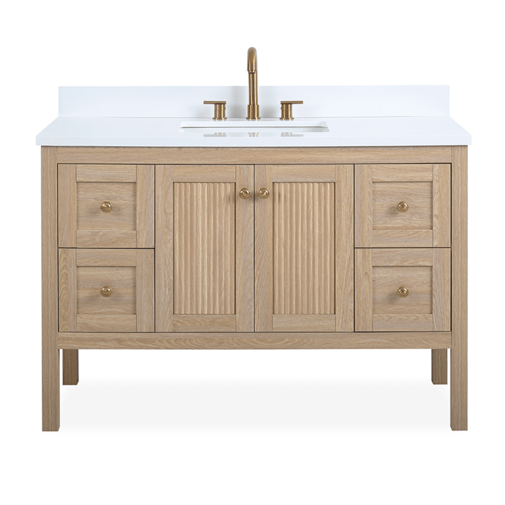 Modern Light Oak Single Sink Bathroom Vanity with White Quartz Top - 48 inch, image size:1000x1000