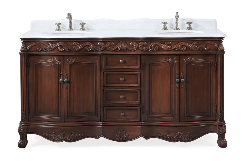 64 Inch Brown Traditional Style Double Sink Cream Marble Top Beckham Bathroom Vanity - Chans Furniture