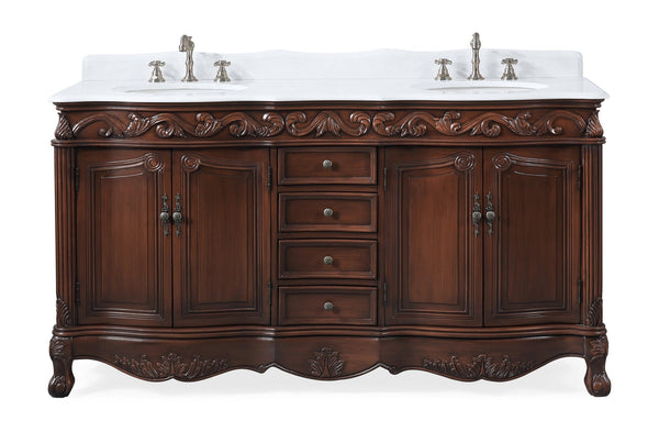 64 Inch Brown Traditional Style Double Sink White Marble Top Beckham Bathroom Vanity - Chans Furniture