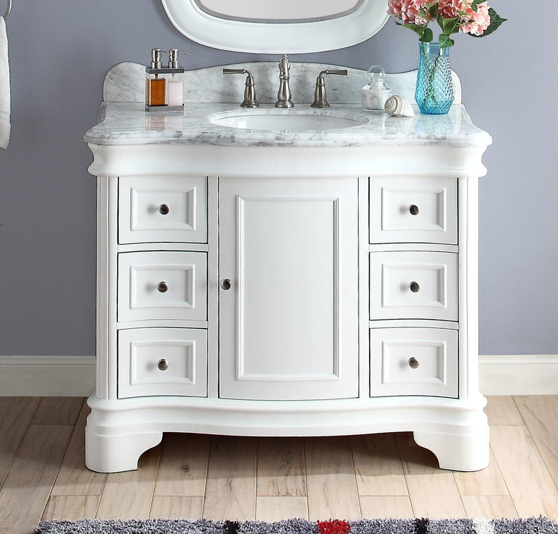 42" Benton Collection Carrara Marble Top Sesto White Bathroom Vanity Q1044W - Chans Furniture