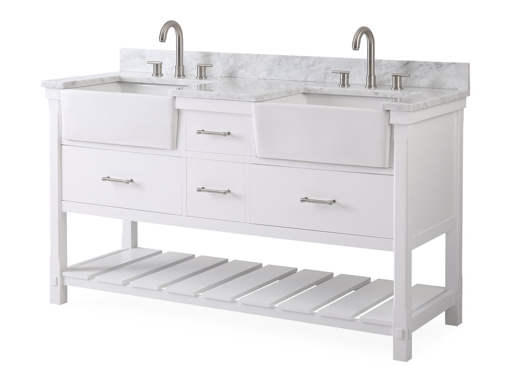 Harper 60-inch Double Vanity with Carrara Marble Top  Double vanity  bathroom, Farmhouse bathroom vanity, Bathroom vanity