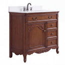 Antique brown Rocaille Victorian bathroom vanity with white quartz top, angle view
