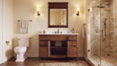 Antique brown Rocaille Victorian bathroom vanity in a bathroom with a mirror, doors open showing the shelf