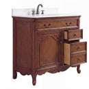 Antique brown Rocaille Victorian bathroom vanity, angle view with side drawers open