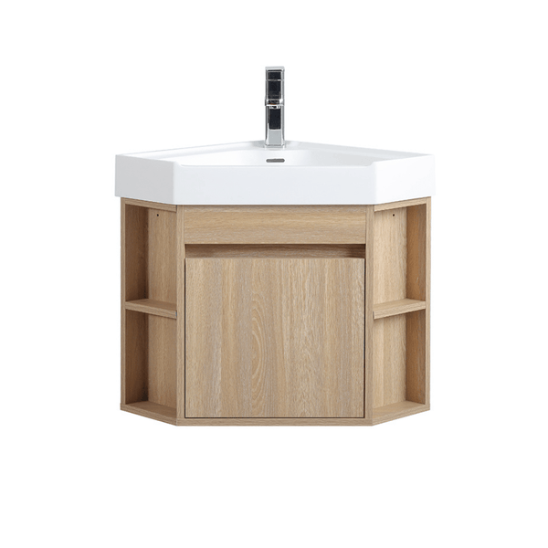 18 Inch Light Oak Trinsville Wall Mount Corner Bathroom Vanity with Matte Solid Surface - Chans Furniture