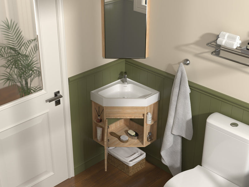 18 Inch Light Oak Trinsville Wall Mount Corner Bathroom Vanity with Matte Solid Surface - Chans Furniture