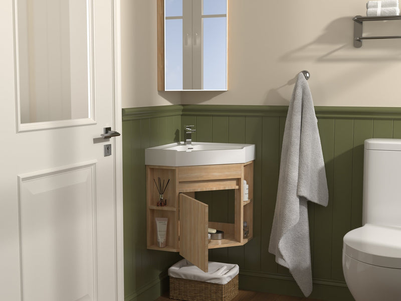 18 Inch Light Oak Trinsville Wall Mount Corner Bathroom Vanity with Matte Solid Surface - Chans Furniture