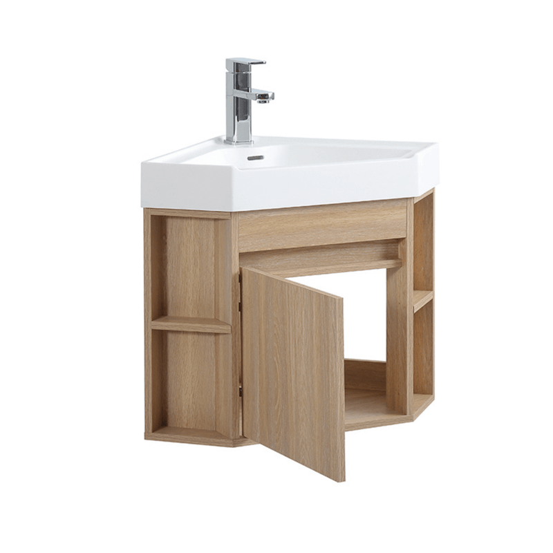 18 Inch Light Oak Trinsville Wall Mount Corner Bathroom Vanity with Matte Solid Surface - Chans Furniture