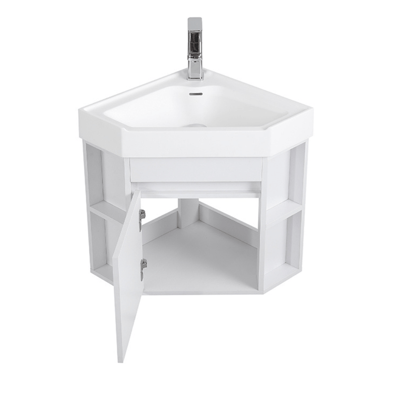 18 Inch White Trinsville Wall Mount Corner Bathroom Vanity with Matte Solid Surface - Chans Furniture