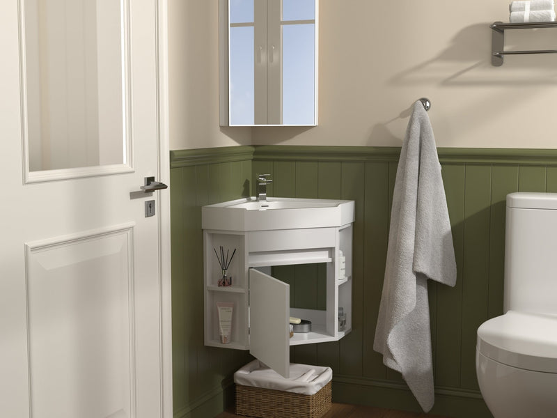 18 Inch White Trinsville Wall Mount Corner Bathroom Vanity with Matte Solid Surface - Chans Furniture