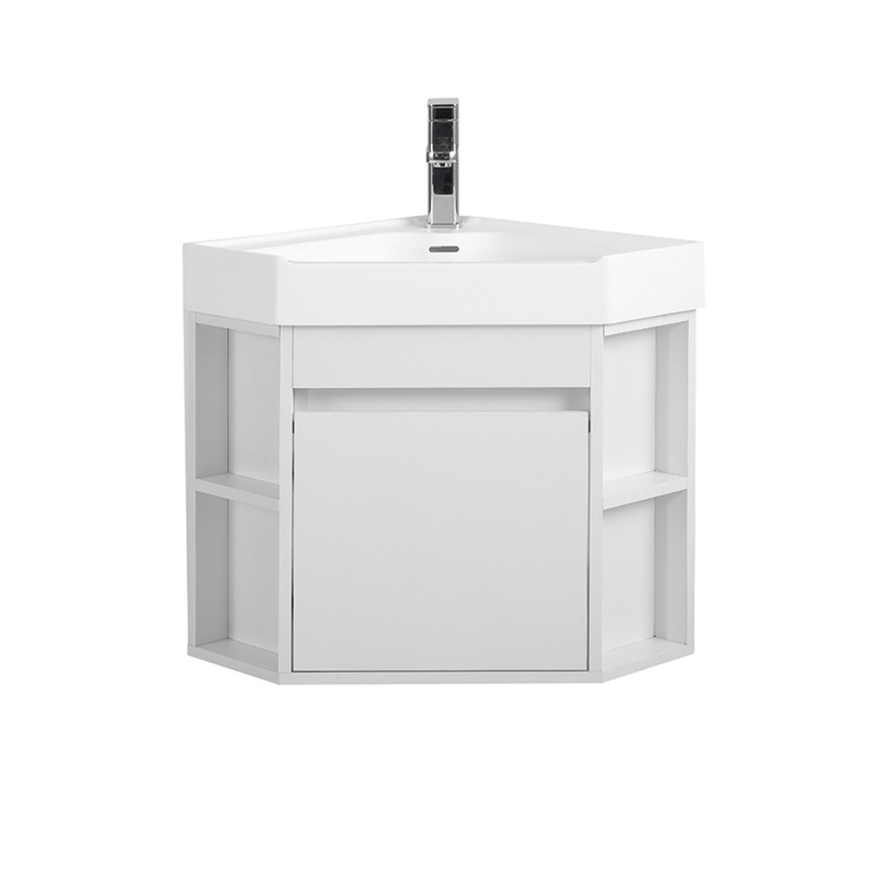 18 Inch White Trinsville Wall Mount Corner Bathroom Vanity with Matte Solid Surface - Chans Furniture