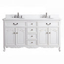 Chans Furniture Rocaille Victorian bathroom vanity, white with a distressed finish, double sink, front view, quartz top