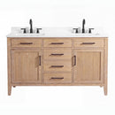 54 Inch Mid-Century Modern Weathered Natural Carvel Bathroom Vanity, Double Sink, White Quartz Top, Fully Assembled
