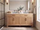 60 Inch Mid-Century Modern Weathered Natural Carvel Bathroom Vanity, Double Sink, White Quartz Top, Fully Assembled
