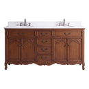 Antique brown Rocaille Victorian double vanity with two sinks and white quartz top, front view