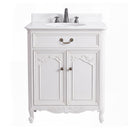 Antique white Rocaille Victorian bathroom vanity with white quartz top, front view