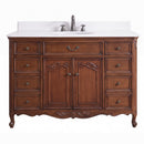 Antique brown Rocaille Victorian bathroom vanity with white quartz top, front view