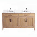 60 Inch Mid-Century Modern Weathered Natural Carvel Bathroom Vanity, Double Sink, White Quartz Top, Fully Assembled