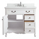 Chans Furniture Rocaille Victorian bathroom vanity, white with a distressed finish, single sink, door and drawers open