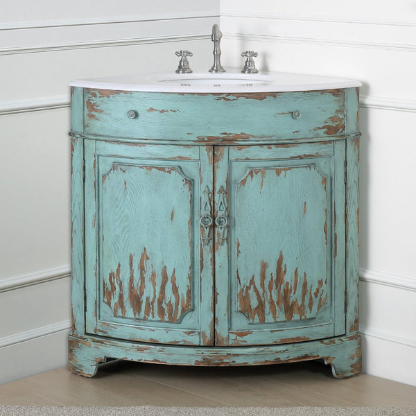 24 Inch Triadsville Freestanding Distressed Light Blue Corner Bathroom Sink Vanity