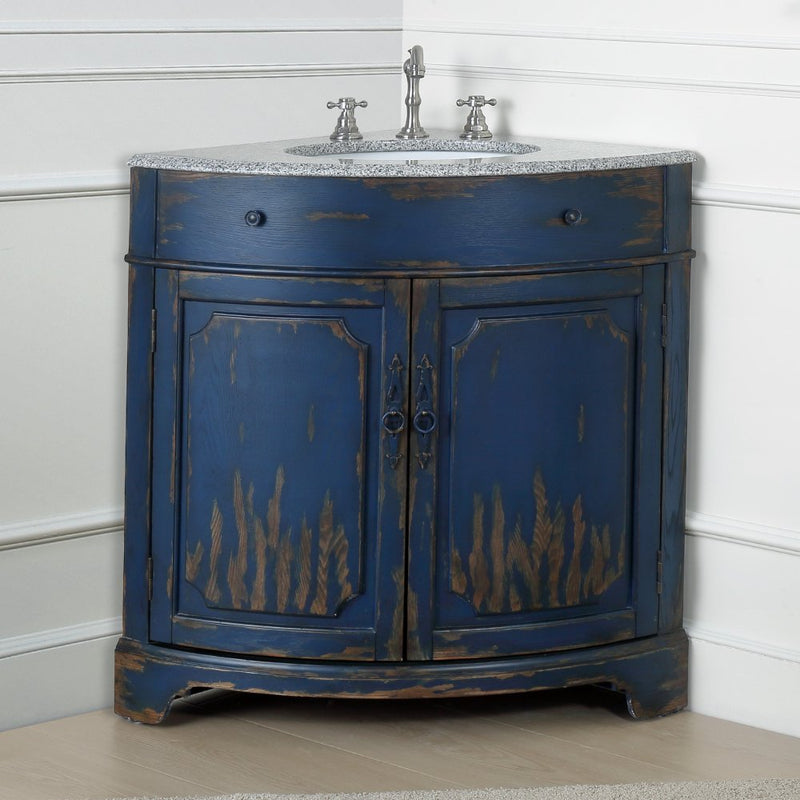 24 Inch Triadsville Freestanding Distressed Navy Blue Corner Bathroom Sink Vanity - Chans Furniture