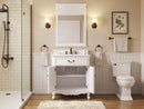 Antique white Rocaille Victorian bathroom vanity with doors open, in a bathroom with a mirror