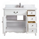 Chans Furniture Rocaille Victorian bathroom vanity, white with a distressed finish, single sink, doors and drawers open