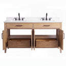 60 Inch Mid-Century Modern Weathered Natural Carvel Bathroom Vanity, Double Sink, White Quartz Top, Fully Assembled
