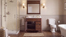 Antique brown Rocaille Victorian bathroom vanity in a bathroom with a mirror, door open