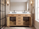 54 Inch Mid-Century Modern Weathered Natural Carvel Bathroom Vanity, Double Sink, White Quartz Top, Fully Assembled
