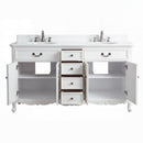 Chans Furniture Rocaille Victorian bathroom vanity, white with a distressed finish, double sink, cabinet doors open