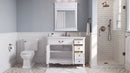 Chans Furniture Rocaille Victorian bathroom vanity, white with a distressed finish, single sink, storage open in bathroom
