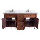 Antique brown Rocaille Victorian double vanity with two sinks, open doors showing the shelves and open drawers