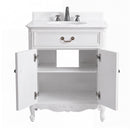 Antique white Rocaille Victorian bathroom vanity with open doors showing the shelf