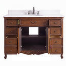 Antique brown Rocaille Victorian bathroom vanity, front view with open doors showing the shelf and open drawers