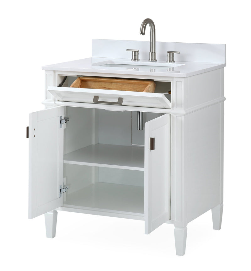 30 Inch Durand Modern White Bathroom Sink Vanity with Stone Counter Top - Chans Furniture