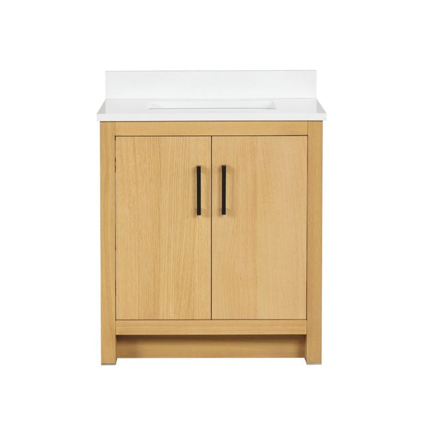 30 Inch Light Oak Sandi Single Sink Bathroom Vanity Toe Kick Style With White Quartz Top - Chans Furniture