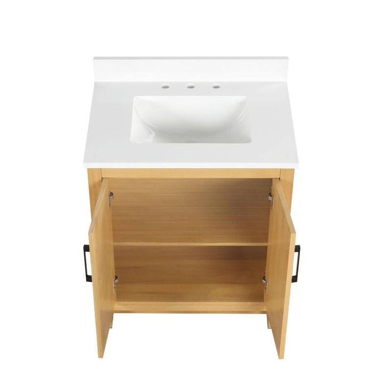 30 Inch Light Oak Sandi Single Sink Bathroom Vanity Toe Kick Style With White Quartz Top - Chans Furniture