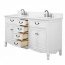 Chans Furniture Rocaille Victorian bathroom vanity, white with a distressed finish, double sink, angled view, drawers open