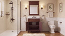 Antique brown Rocaille Victorian bathroom vanity with doors open, in a bathroom with a mirror