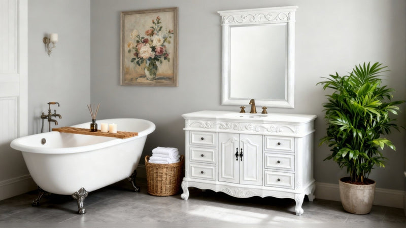 白無垢銀箔、ラメ入りに牡丹 菊 華文様C1 42 Inch Traditional Freestanding Antique White Beckham Bathroom