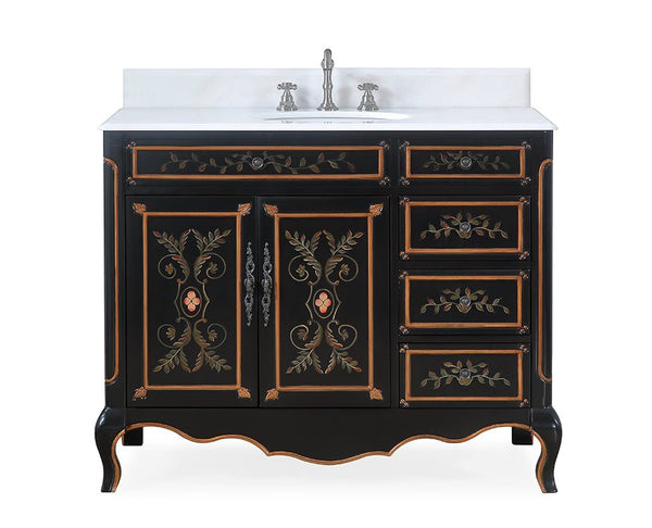 42 Inch Black Hand - Painted Floral Decoroso Bathroom Vanity With Side Drawers - Chans Furniture