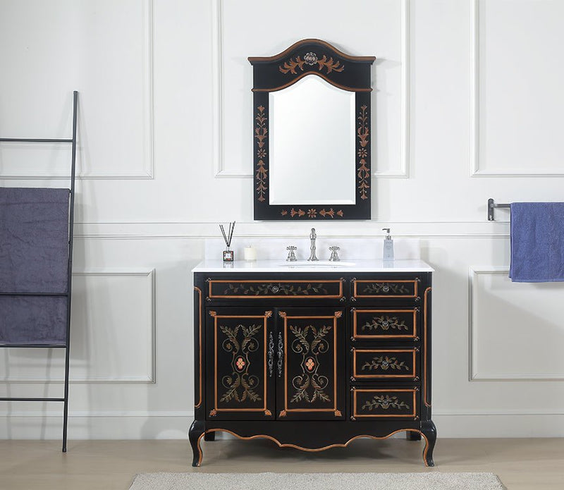 42 Inch Black Hand - Painted Floral Decoroso Bathroom Vanity With Side Drawers - Chans Furniture