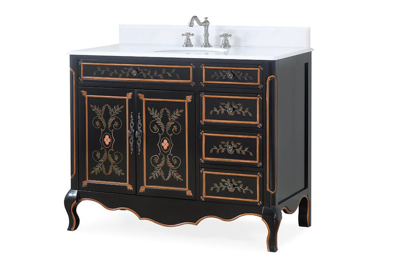 42 Inch Black Hand - Painted Floral Decoroso Bathroom Vanity With Side Drawers - Chans Furniture