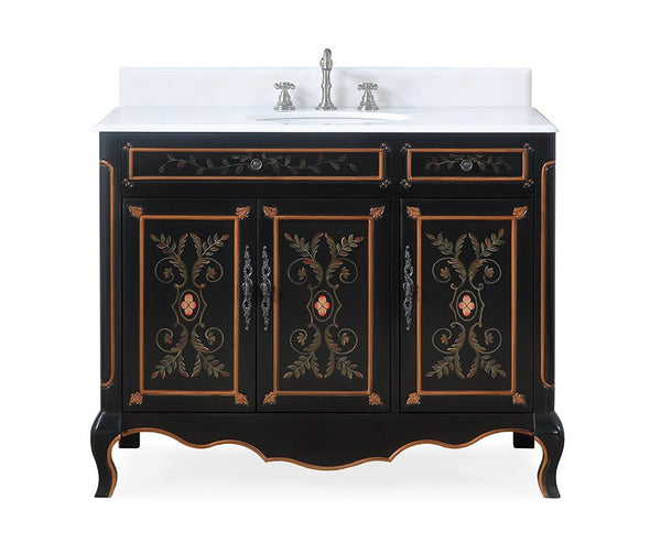 42 inch Black Hand - Painted Floral Decoroso Side Cabinet Bathroom Vanity - Chans Furniture