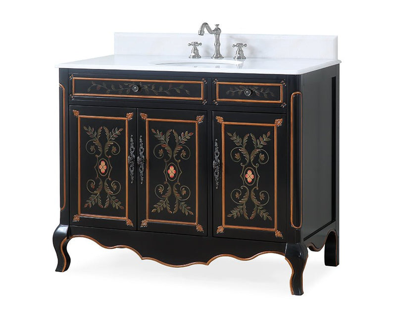 42 inch Black Hand - Painted Floral Decoroso Side Cabinet Bathroom Vanity - Chans Furniture