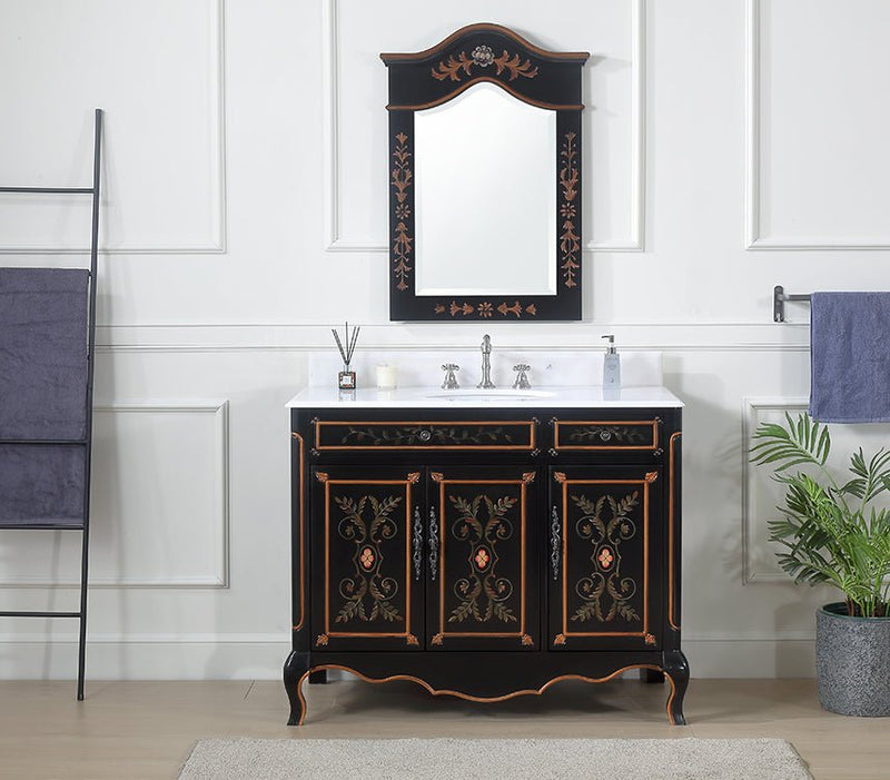 42 inch Black Hand - Painted Floral Decoroso Side Cabinet Bathroom Vanity - Chans Furniture