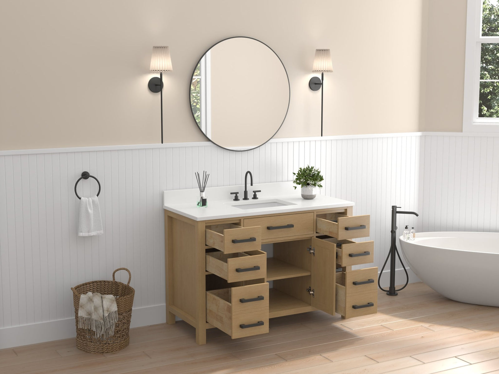 48 Inch Aged Oak Finish Rella Single Sink Bathroom Vanity With White Q ...