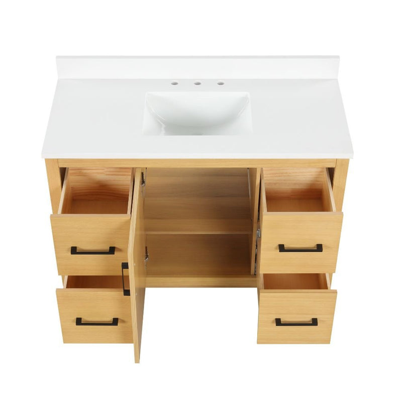 48 Inch Light Oak Sandi Single Sink Bathroom Vanity Toe Kick Style With White Quartz Top - Chans Furniture