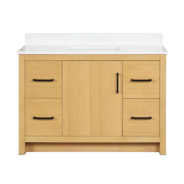 48 Inch Light Oak Sandi Single Sink Bathroom Vanity Toe Kick Style With White Quartz Top - Chans Furniture